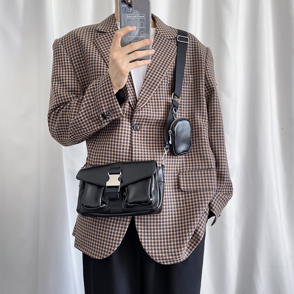 Túi đeo chéo nam nữ unisex trơn khóa cài ngoài kèm túi nhỏ giỏ style Hàn Quốc giỏ đeo ngực Kindee