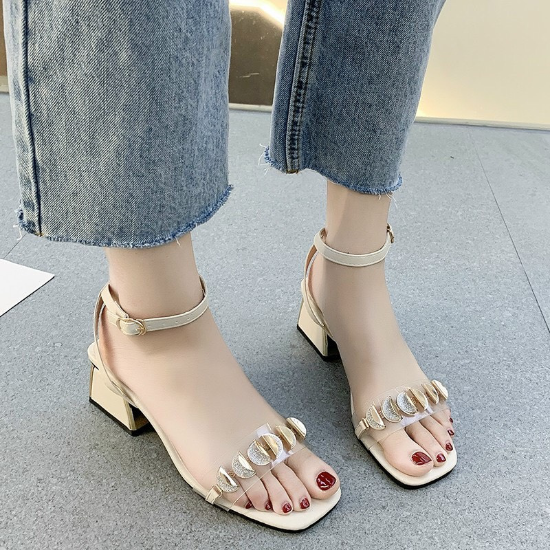 Giày sandal gót vuông 5cm phối quai tròn cực xinh