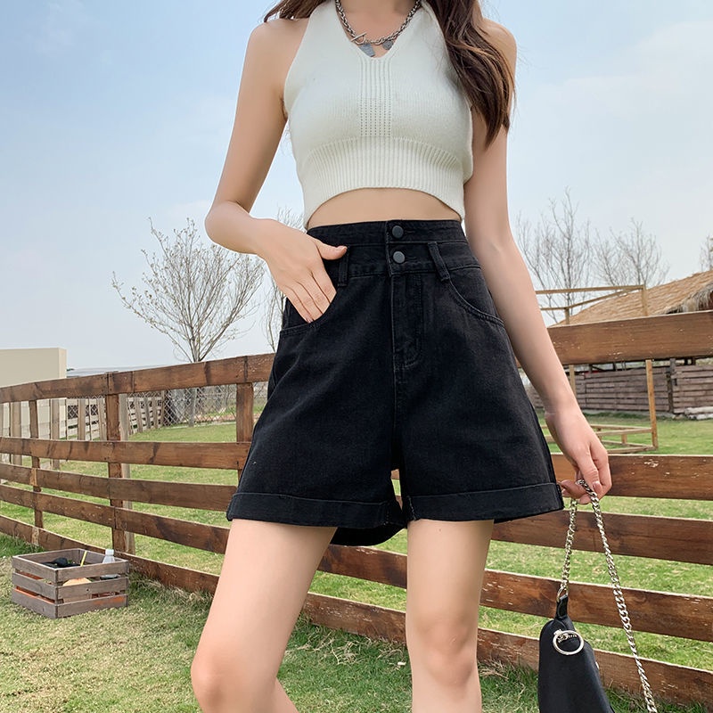 Quần Short Denim Ống Rộng Lưng Cao Thời Trang Mùa Hè Hàn Quốc Mới Cho Nữ