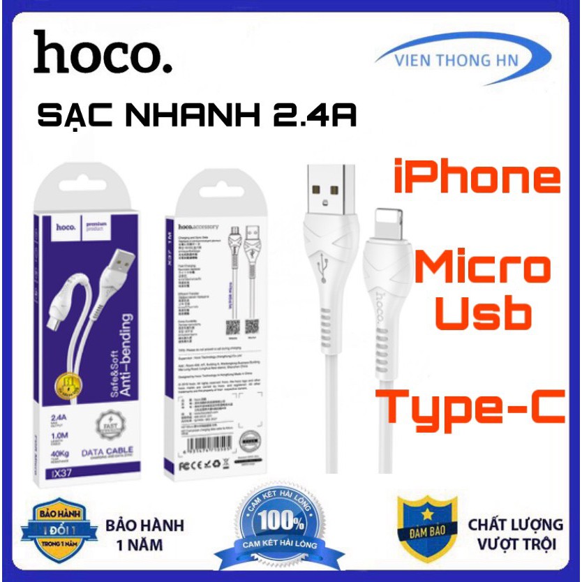 Cáp Sạc Nhanh Hoco X37 ✓ Chân Lightning ✓ Type C ✓Micro USB ✓ Hàng Chính Hãng Hoco