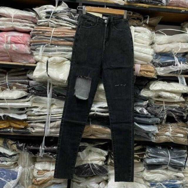 🌟Quần Jeans Dài Lưng Cao Co Giãn Rách Ô