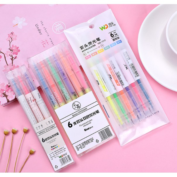 Set 06 Bút đánh dấu 2 đầu - bút highlight - bút nhớ dòng