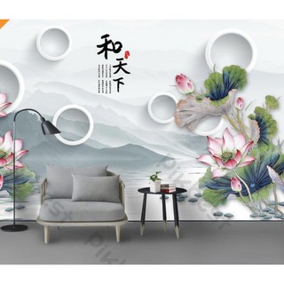 Tranh dán tường Phong cảnh hoa sen bên núi Tranh dán nguyên tấm lớn MS1189895