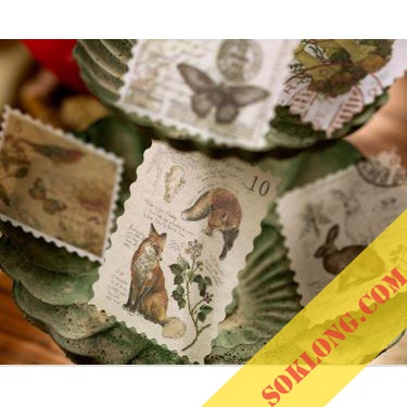 Bộ 60 tem dán Vintage hình thực vật, động vật - Sticker hình tem Tuệ Minh