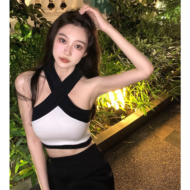 HUANG YOYO Áo croptop 2023 Áo Cổ Yếm Dệt Kim Không Tay Thời Trang Nữ