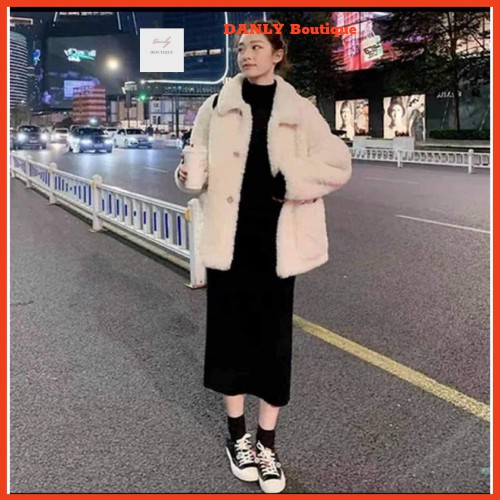 áo khoác bông nữ kèm đầm body đen ,Set Jacket Lông Váy Bozip