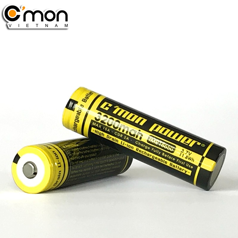 Bộ 2 pin sạc C'MON POWER IMR 18650 3200mAh 15A 3.7V (chuyên dùng đèn pin siêu sáng, V_A_P_E, sạc dự phòng - vàng)