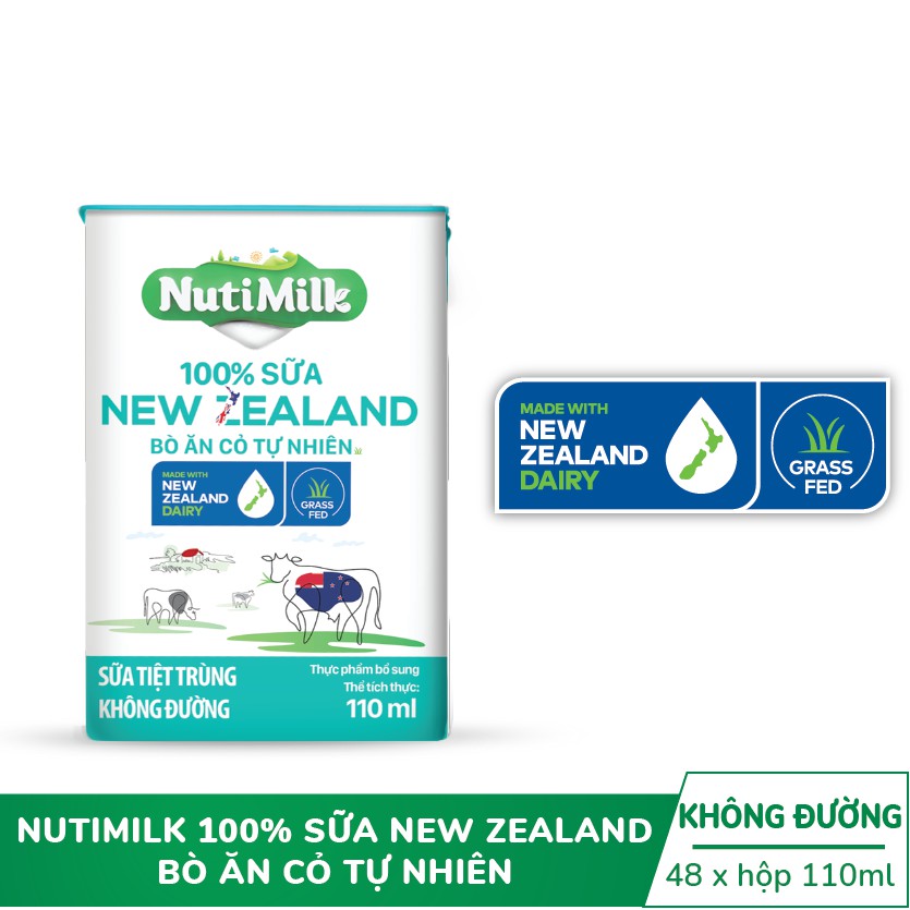 Thùng 48 hộp Nutimilk 100% Sữa New Zealand Nuti Bò ăn cỏ tự nhiên Không đường 110ml/hộp
