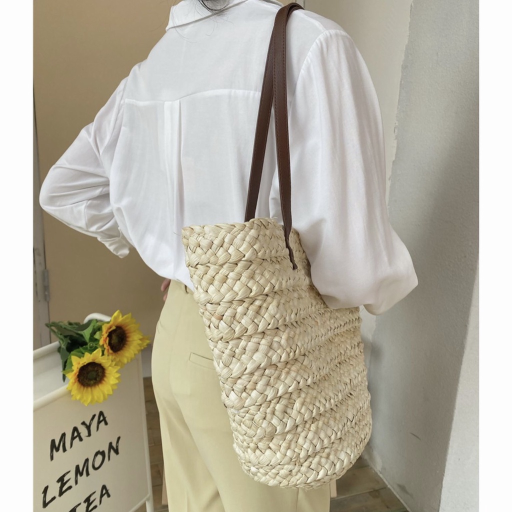 Túi Xách Cói Tote Đeo Vai Cocoqueen Cỡ Lớn Hình Thang Vintage Dây Da