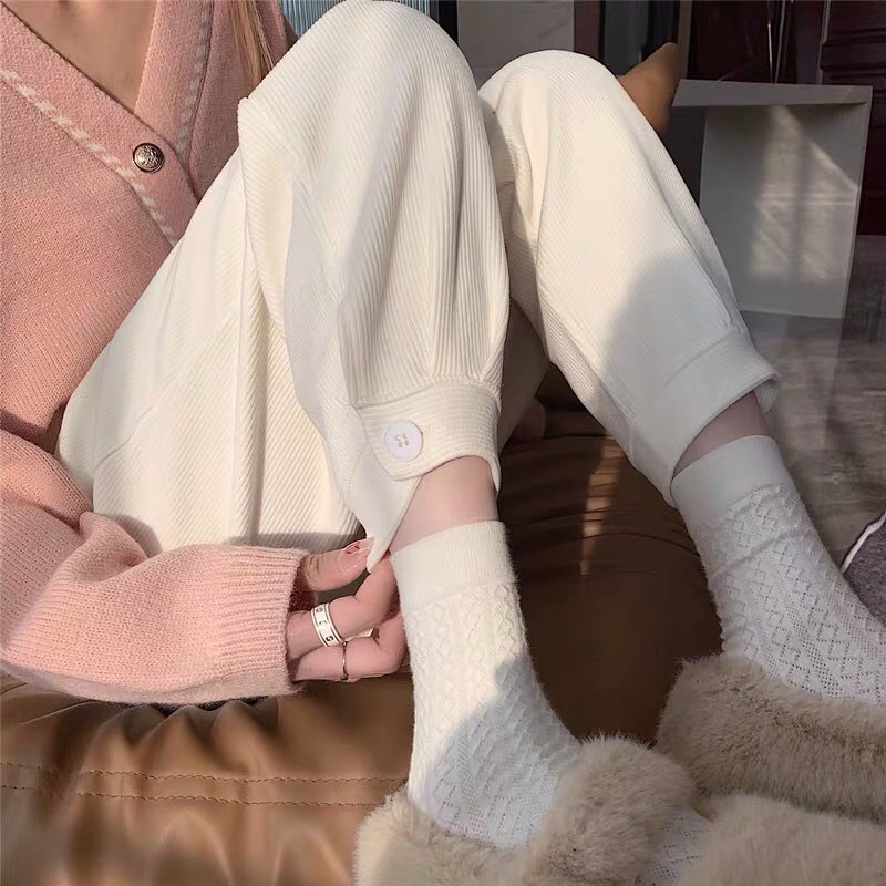 🍒 Quần harem trắng chùm mùa thu mới cạp cao eo thon quần chín điểm giản dị nữ 🍒