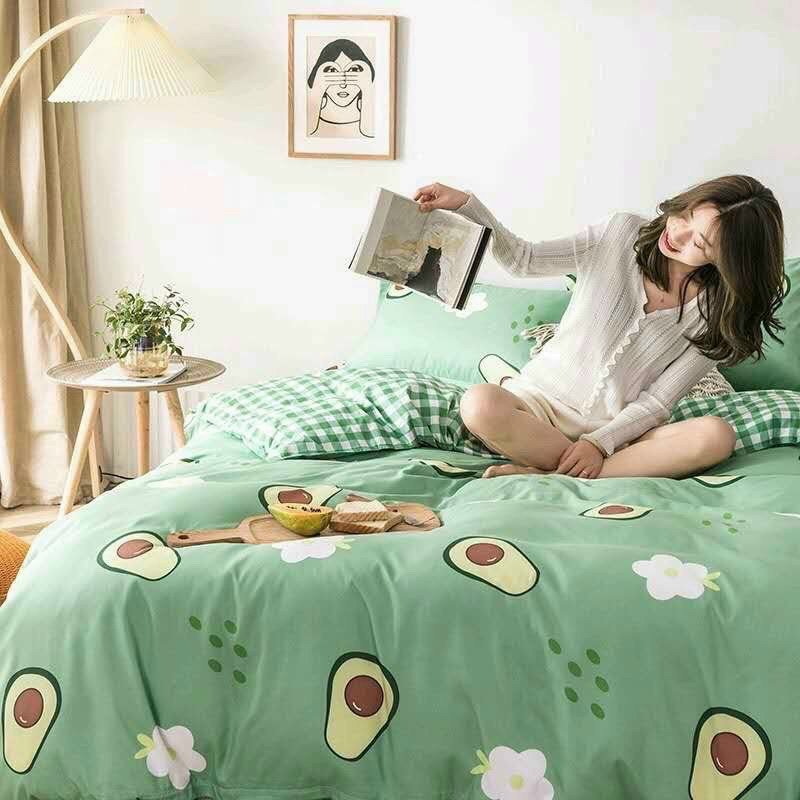 Trọn Bộ 4 Món Chăn Ga Gối Mền Cotton Poly MẪU BƠ XANH CARO. Thương Hiệu Evily .Limiti Shop