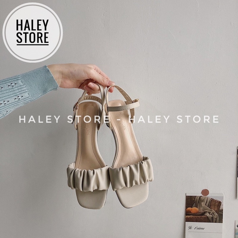 Giày sandal  mnữ quai ngang nhúm nhún mũi vuông gót vuông 5p đi chơi đi tiệc đi làm HALEY STORE