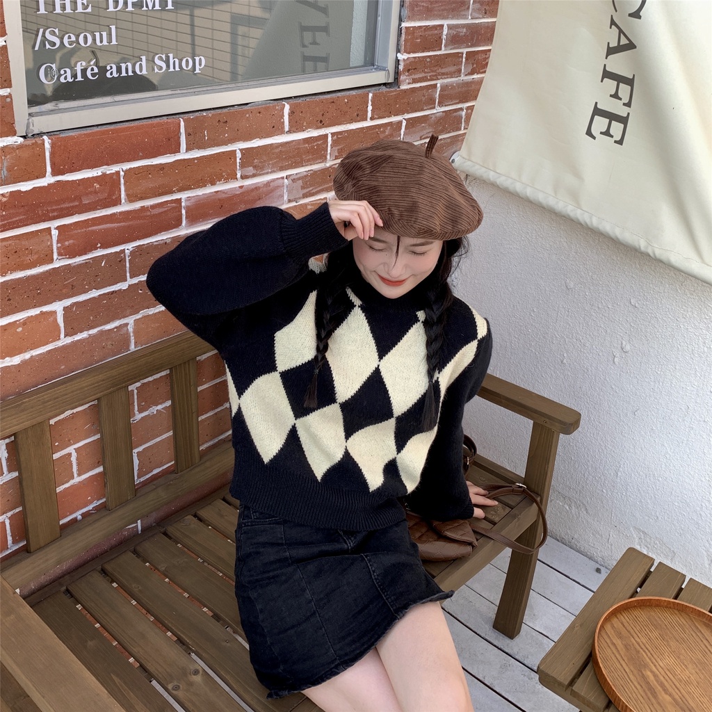 Áo sweater tay dài phồng dáng ôm sọc ca rô thời trang retro phương tây cá tính cho nữ | BigBuy360 - bigbuy360.vn