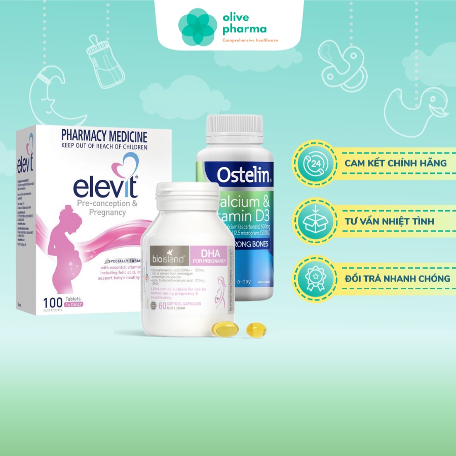 Combo Toàn Diện Cho Mẹ Bầu Vitamin Tổng Hợp Elevit Bầu, DHA Bầu Bio Island