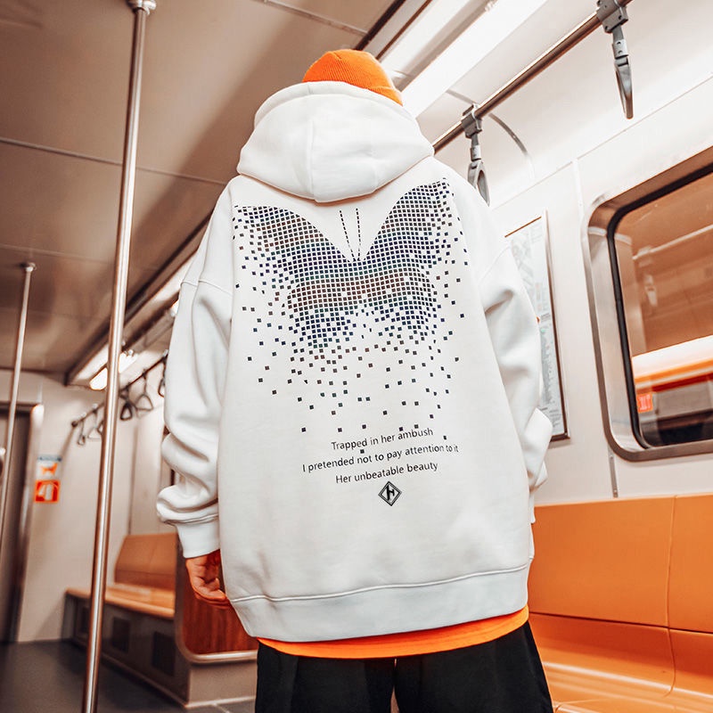 [m-8xl] Hooded Sweater hat t reflective butterfly printed   hoodie sweater Guochao Street hip hop Jacket for men and women in autumn and winter