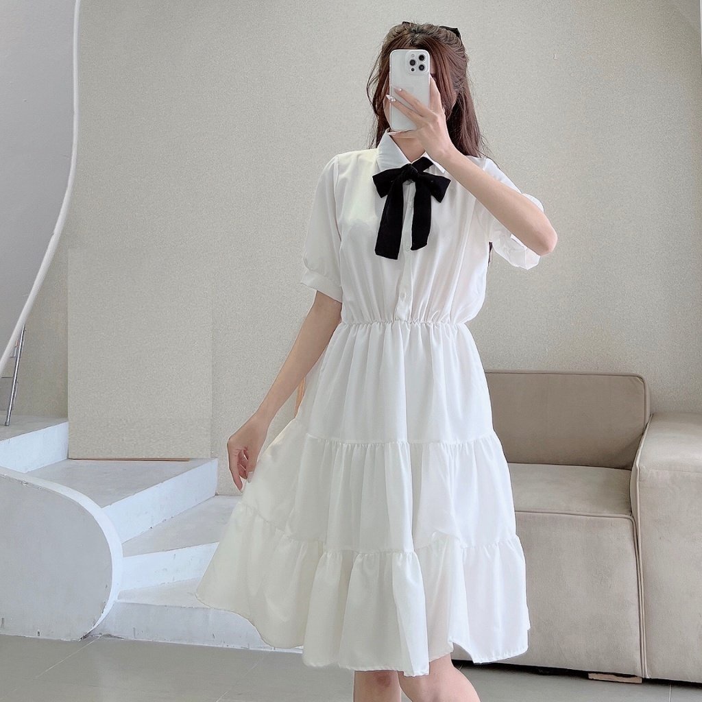 Váy trắng babydoll nữ vintage cộc tay buộc nơ cổ, đầm nữ dự tiệc dáng suông dài siêu đẹp | BigBuy360 - bigbuy360.vn