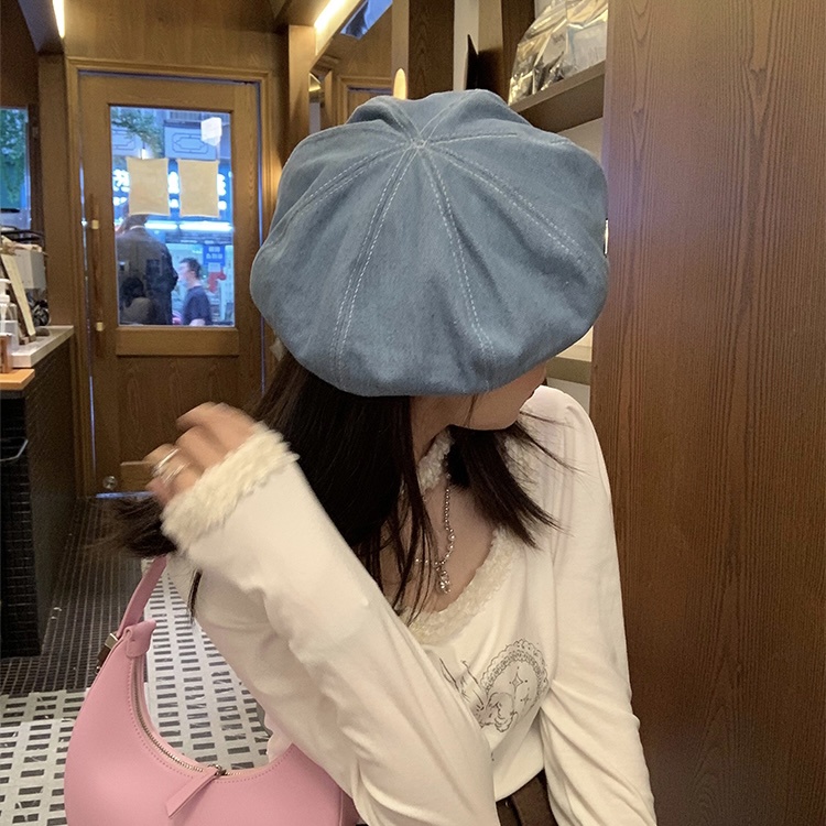 Mũ beret MG STUDIO vải denim có khóa kim loại 3 màu sắc