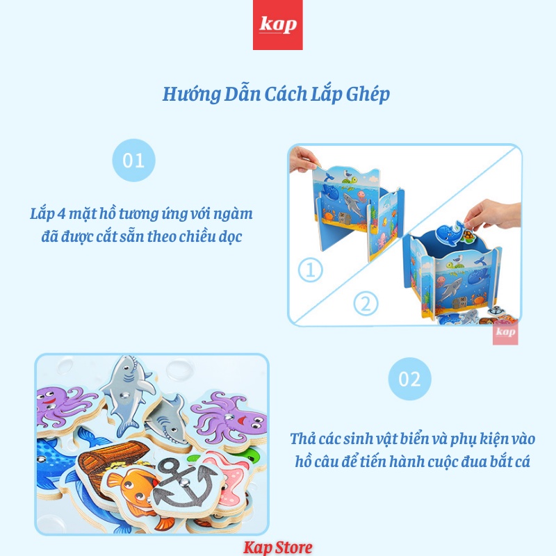 Đồ chơi câu cá gỗ (gồm 4 mảnh ghép hồ câu), bộ đồ chơi câu cá nam châm