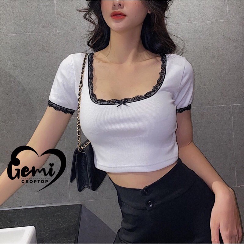ÁO CROPTOP VIỀN REN TAY NGẮN [GEMI SHOP]