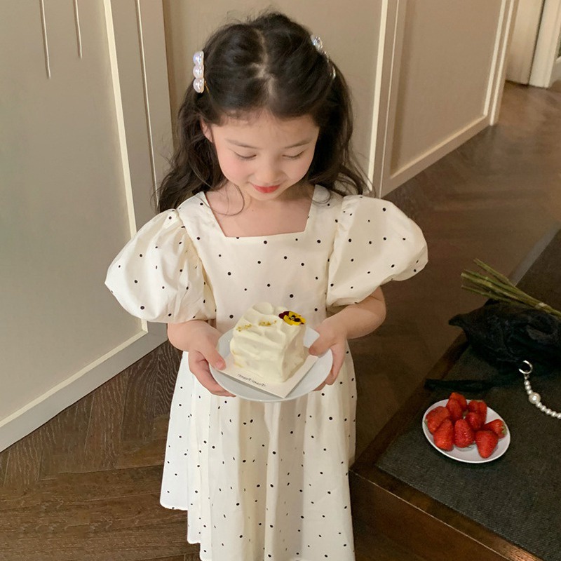 Đầm Công Chúa Tay Phồng Họa Tiết Chấm Bi Dễ Thương Phong Cách Phương Tây Thời Trang Mùa Hè Cho Bé Gái