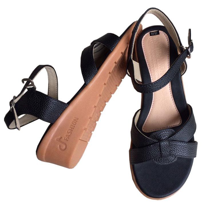 Xăng đan nữ đế cao 5cm da bò cao cấp màu đen