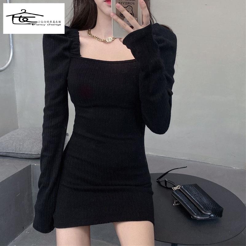 Đầm Đen Cổ Vuông Lộ Xương Quai Xanh Quyến Rũ Thời Trang Thu Đông~2022