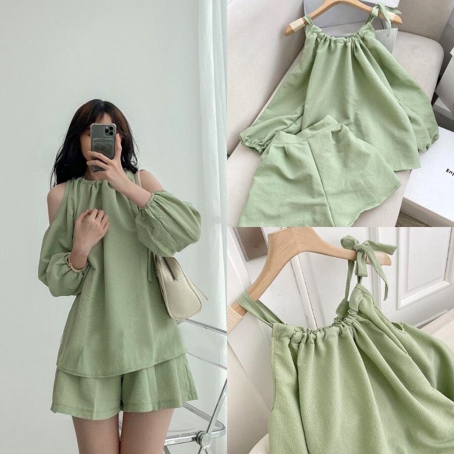 Set Bộ Áo Khoet Tay Bo Chun Hàn Quốc, Chất Liệu Đẹp, Freesize Dưới 62Kg, Có Quà Tặng Kèm