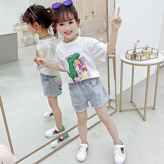 Bộ Cộc Tay Bé Gái Áo Thun in Hình Khủng Long Kèm Quần Short Jean Hiện Đại [B05-2021]