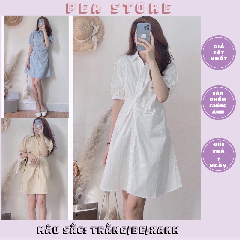 Váy Sơ Mi Xoắn Eo Cúc Dọc/Váy Thiết Kế Xếp Li Dúm Eo [Ảnh thật]