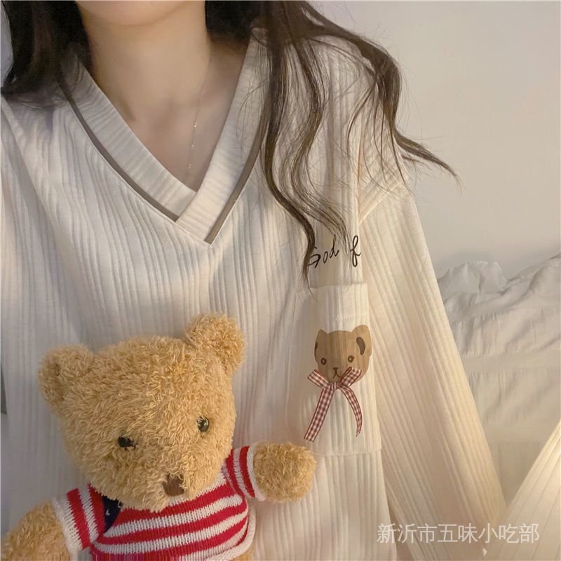 Bộ Đồ Ngủ Tay Dài Cổ Chữ V In Hình Gấu Dễ Thương Phong Cách Nhật Bản Thời Trang Xuân Thu Cho Nữ