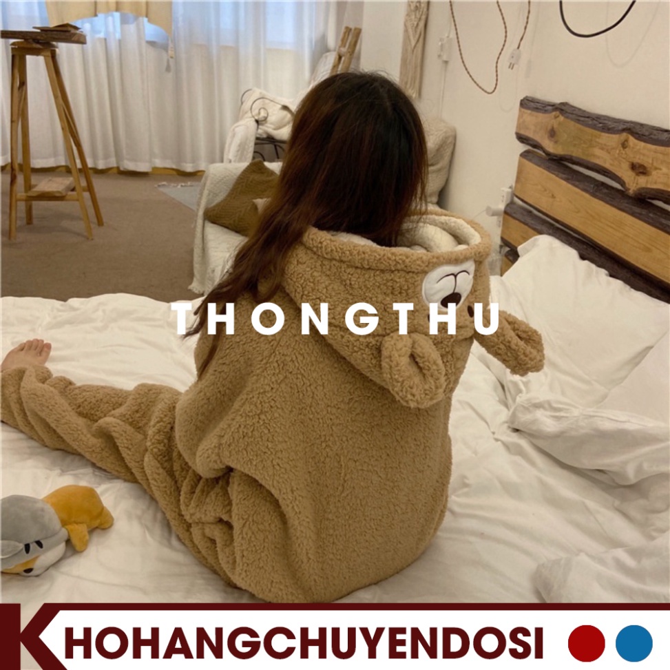 Bộ ngủ lông gấu màu nâu, bộ gấu liền thân thêu hình đẹp cho nữ siêu ấm, đồ ngủ mùa đông lông cừu giữ nhiệt tốt-THONGTHU | BigBuy360 - bigbuy360.vn