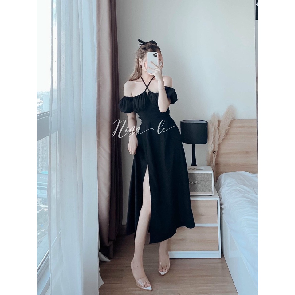 Đầm tiểu thư,đầm trễ vai cổ yếm xẻ tà dáng dài ôm eo,nhún ngực mặc 2 kiểu đi tiệc sang chảnh