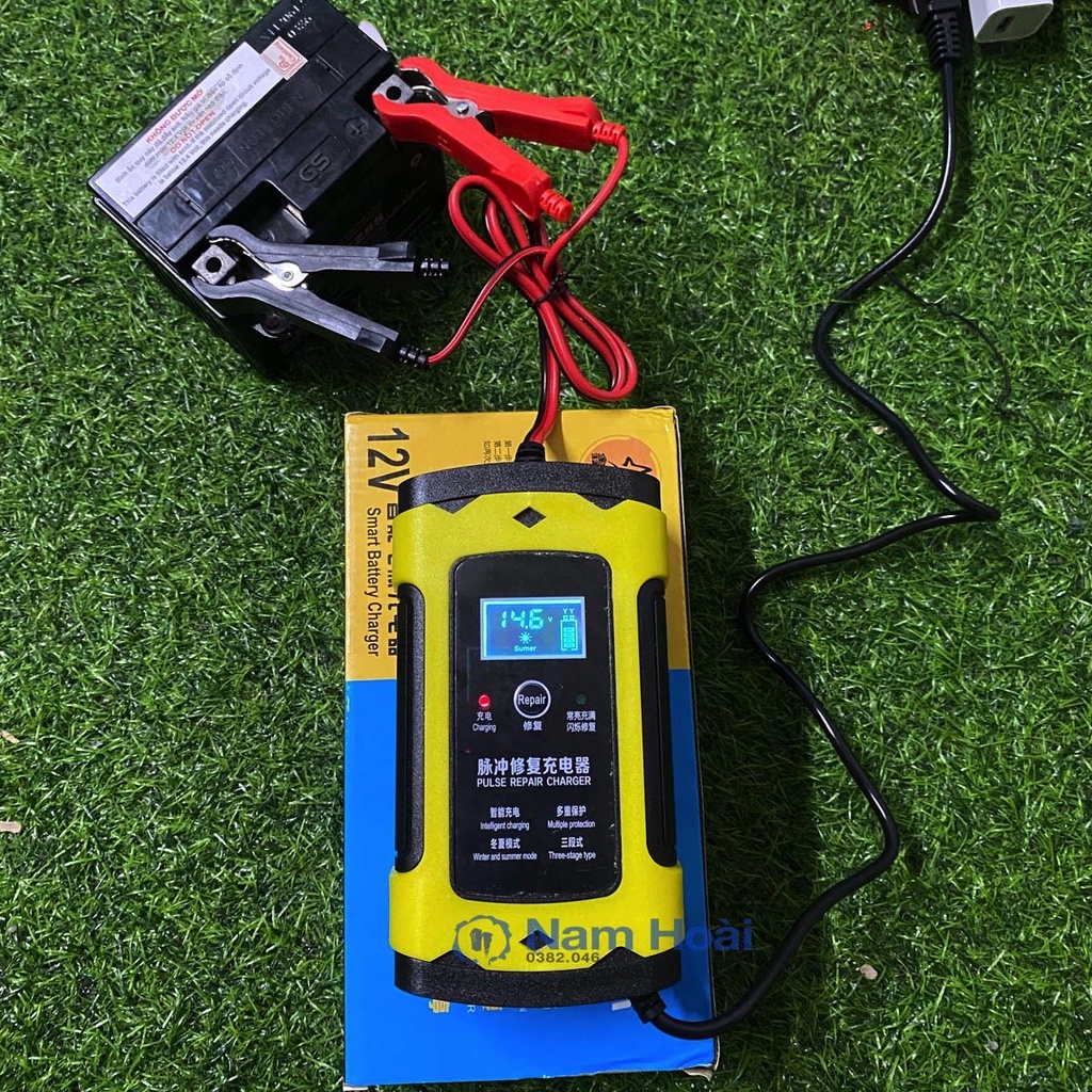 Máy sạc bình acquy 12v6a tự ngắt màn hình LCD, sạc bình acquy 12v từ 4ah - 100ah cho xe máy, ô tô, xe điện