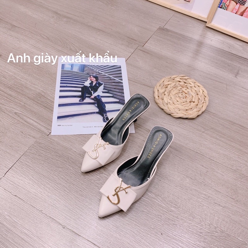 DL50 - Dép sục gót nhọn 5p da lộn mũi nhọn nơ ngang ,kiểu dáng trẻ trung , 2 màu đen kem, gót nhọn chắc chắn