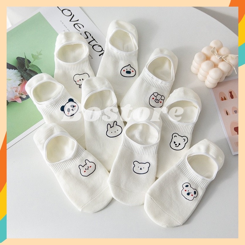 Tất cotton nửa bàn chân nữ màu trắng họa tiết hình thú dễ thương loại tất mùa xuân hạ