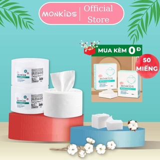 Khăn mặt dùng 1 lần MONKIDS khăn giấy lau mặt mềm khô cotton mềm cuộn to thay thế bông tẩy trang có túi bọc ngoài