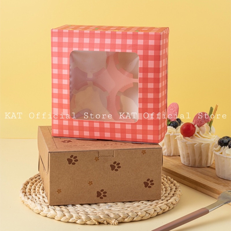 Hộp Giấy Đựng 4 Bánh Cupcake Hoạ Tiết Caro Hồng/ Gấu/ Thỏ