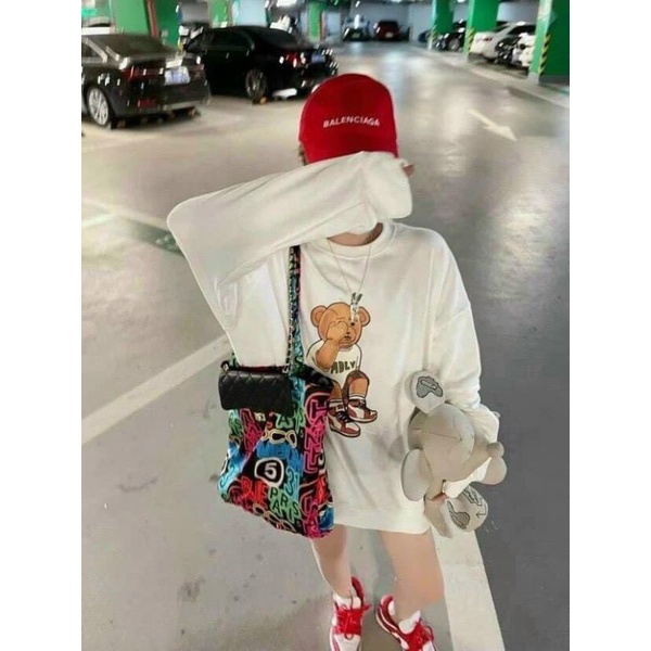 Áo Sweater Hình Gấu Ngồi Che Mắt ADLV Form Rộng Unisex Tay BồNG, Chất Nỉ Cotton Dày Đẹp Hot Trends (ảnh thật 100%)