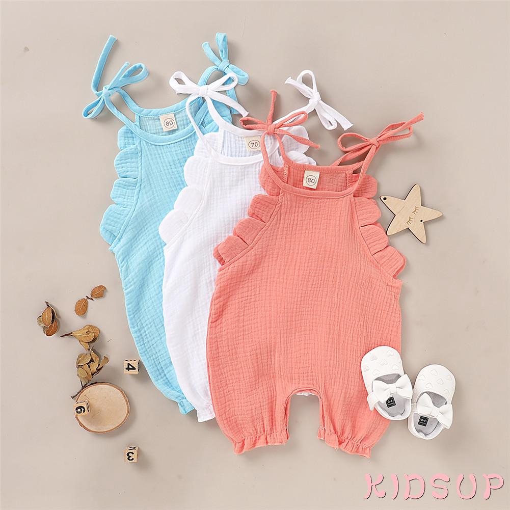 Bộ Áo Liền Quần Sát Nách Vải Cotton Lanh Màu Sắc Trơn Hình Cánh Hoa Dễ Thương Cho Bé Trai / Gái