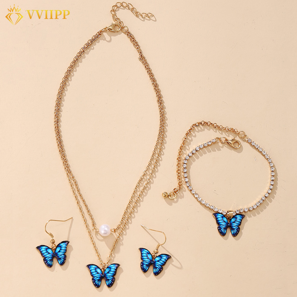BUTTERFLY Bộ Trang Sức Hình Bướm Đính Đá Nhân Tạo Thời Trang