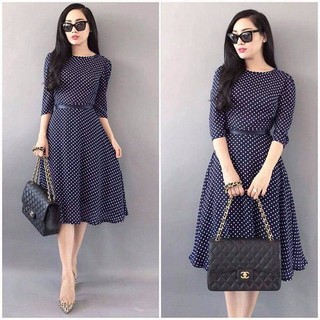 Đầm vintage chấm bi thắt eo - NR148