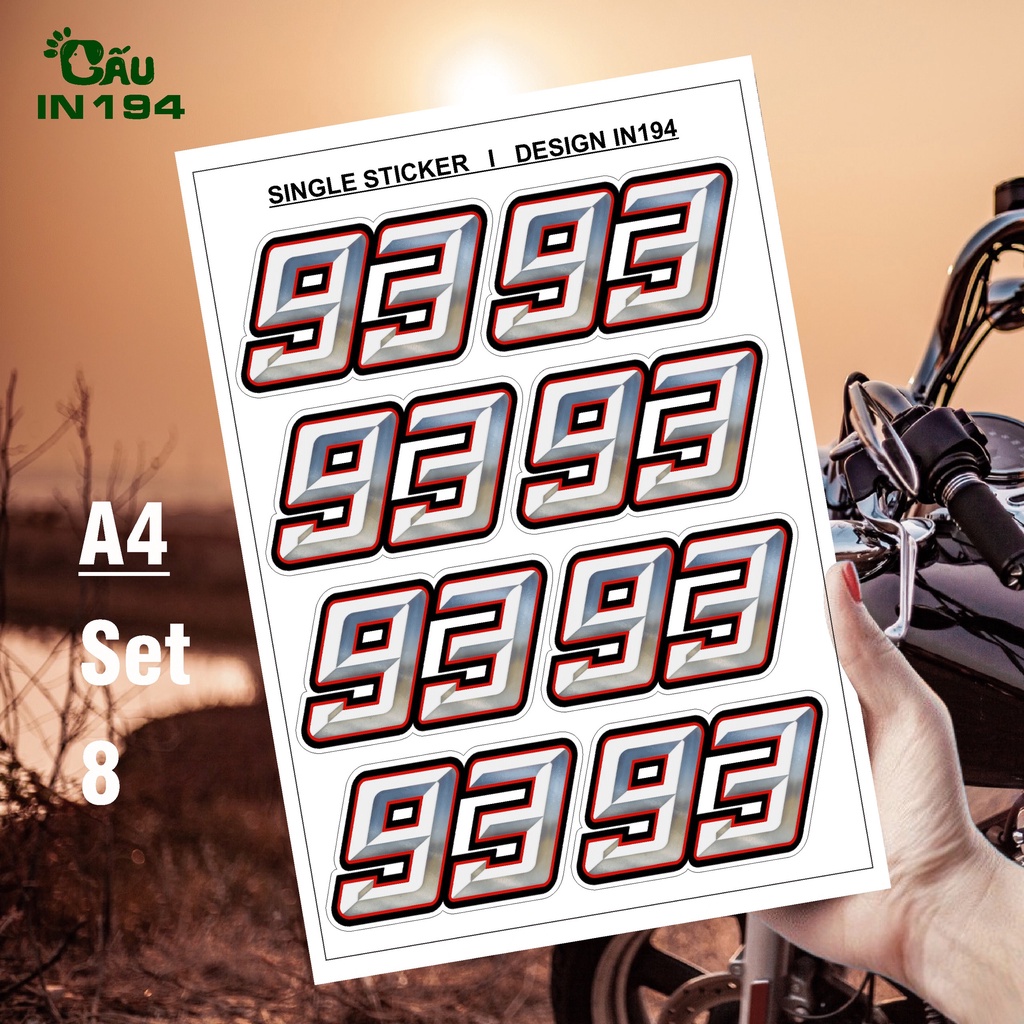 Tem decal dán xe IN194 nhãn dán cao cấp chất liệu decal nhựa cao cấp - 5,3 x 9cm - Số 93 Lớn Nhỏ