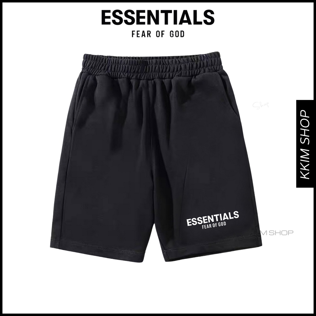 QUẦN Short ESSENTIALS Fear of God lưng thun Nam Nữ, chất vải Poly 2 da, quần đùi thể thao, lửng cộc ngắn đen form rộng