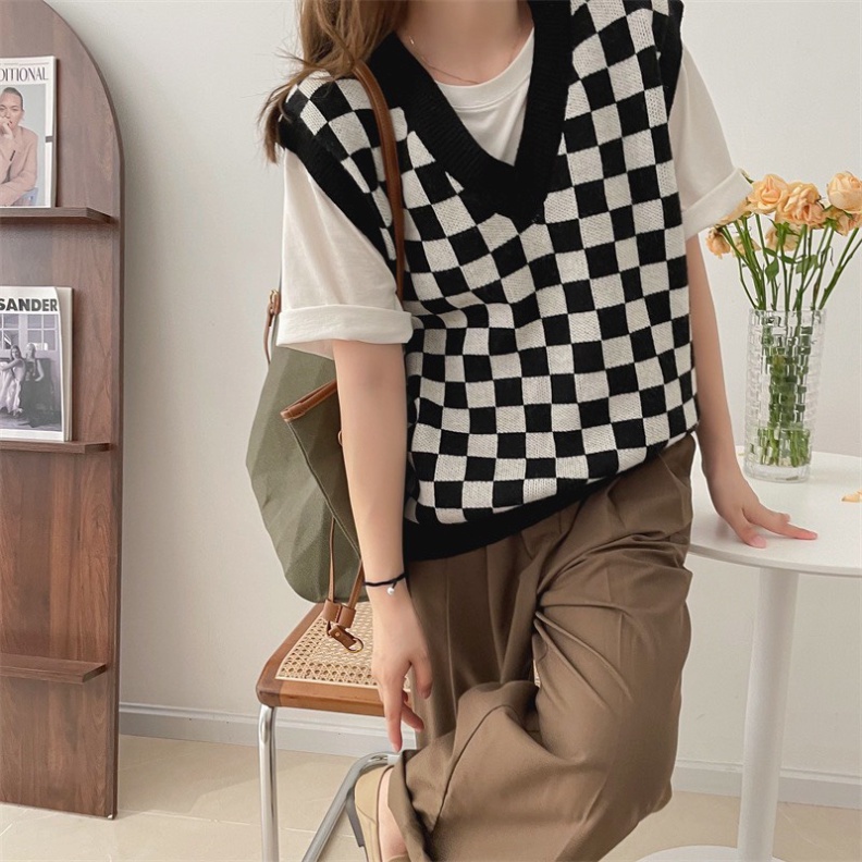 Áo gile nữ len khoác ngoài hoa văn kẻ caro cá tính tính năng động SA26 VINN_CLOSET