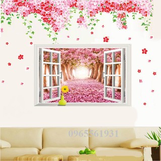 Decal dán tường combo tán đào và cửa sổ hồng