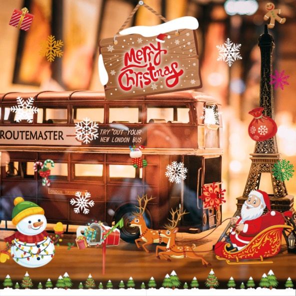 Decal trang trí Noel Hít Tĩnh Điện 2 mặt - NOEL CƯỠI TUẦN LỘC QUA RỪNG THÔNG XANH