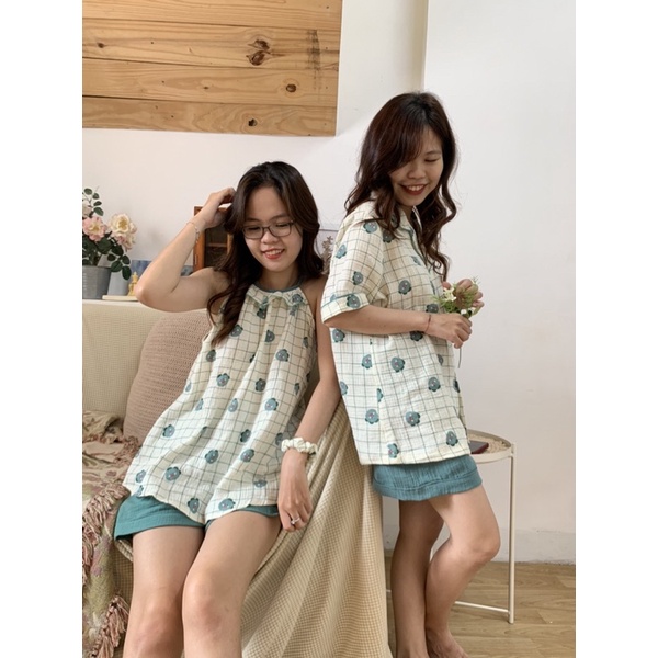 Đồ ngủ hai dây chất xô muslin hoạ tiết khủng long xanh cực dễ thương