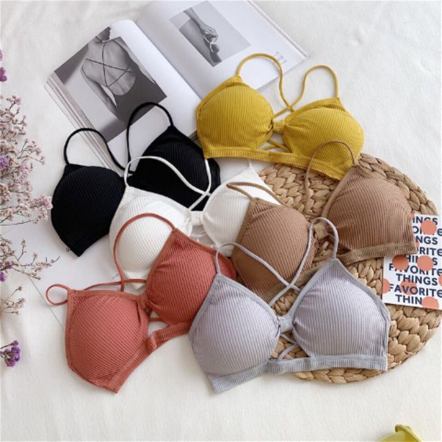Áo ngực bra 2 dây cotton tăm nơ đan dây xẻ khe ngực nhiều màu 20194