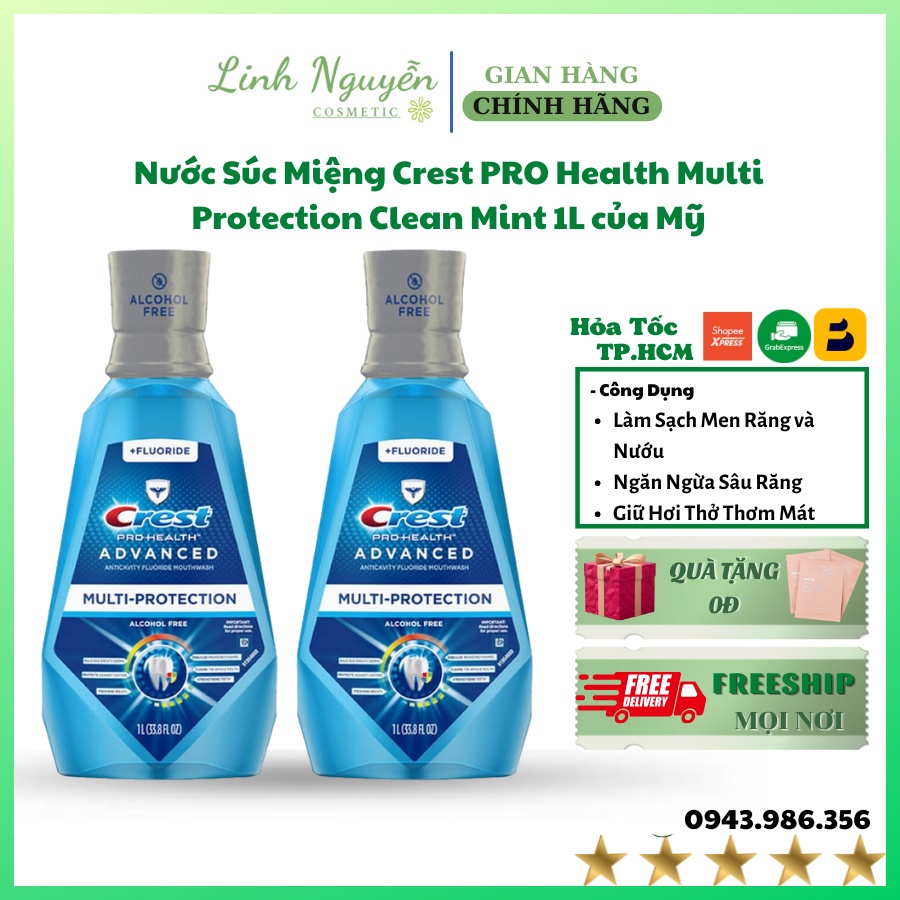 Nước súc Miệng Crest PRO Health Multi Protection Clean Mint 1 lit của Mỹ ( Màu Xanh )