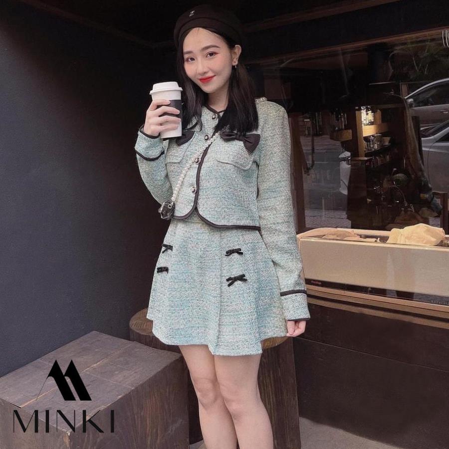 SET ÁO VIỀN ĐEN TÚI NƠ NGỰC VÀ CHÂN VÁY - CHẤT LIỆU CAO CẤP - MÀU HỒNG / XANH